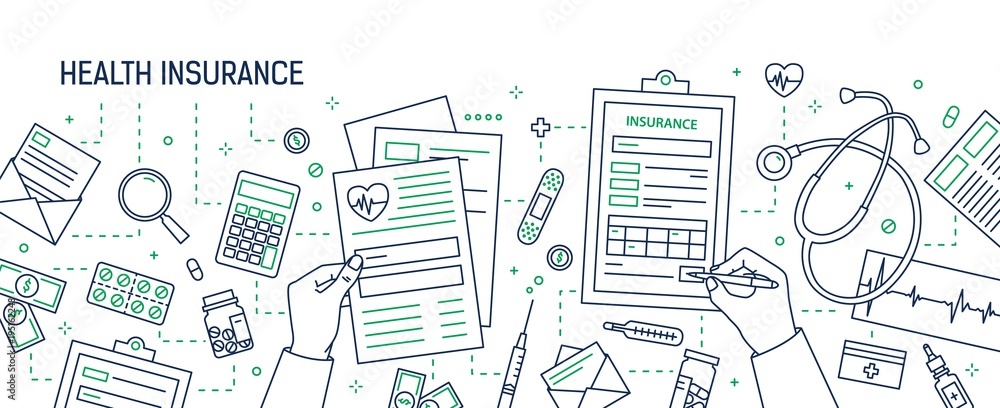 Horizontal banner with hands filling out form of health insurance surrounded by dollar bills and coins, documents, medicines drawn with contour lines. Monochrome vector illustration in lineart style. - obrazy, fototapety, plakaty 