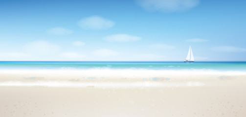 Wall Mural - Vector sea view with  yacht, blue  sky and sandy beach.