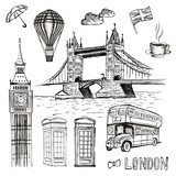 Fototapeta Londyn - London Doodles. Vector hand drawn illustration with London symbols