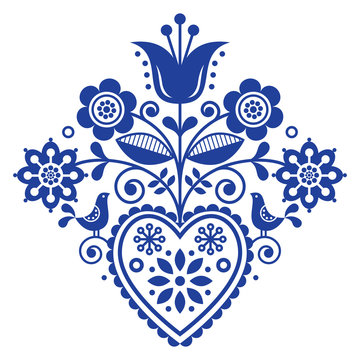 scandinavian retro folk art floral, vector design in navy blue, nordic pattern with birds and flower