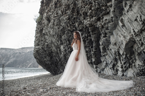 Beautiful Bride Stands On A Cliff Above The Sea In A Glamorous White Wedding Dress View Of Veil Romantic Beautiful Bride In White Dress Posing On The Background Sea Happy Wedding Day Stock