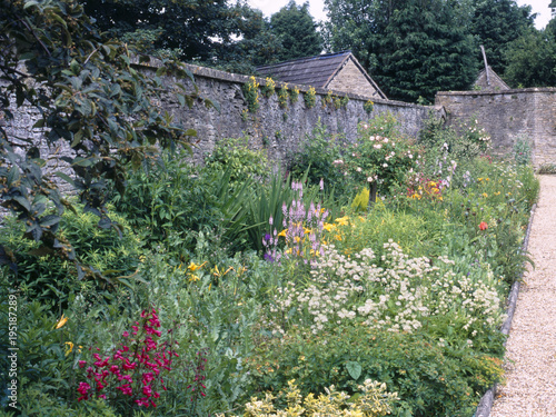 Fotomural Colourful summer garden flower borders in a walled garden