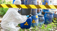 Asian Scientist Wear Chemical Protection Suit Check Danger Chemical,working At Dangerous Zone,authenticating The Dangerous Chemicals
