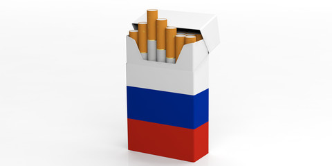 Smoking, cigarettes Russia. Russian flag on a cigarette pack isolated on white background. 3d illustration