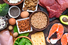 High Protein Food - Fish, Meat, Poultry, Nuts, Eggs And Vegetables. Healthy Eating And Diet Concept