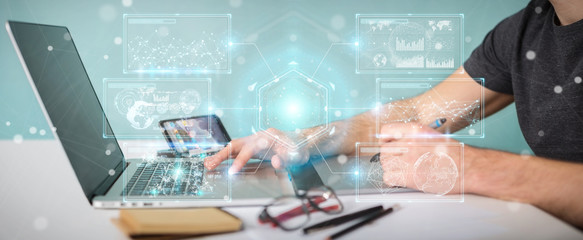Aufkleber - Graphic designer using digital screens interface with holograms datas 3D rendering