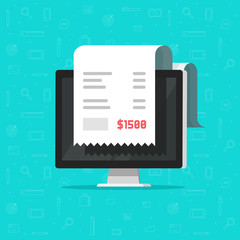 Wall Mural - Computer and receipt vector illustration, flat cartoon big bill tax or paper invoice on desktop pc concept, financial accounting or electronic payment, digital receipt, internet order invoicing