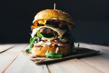 Appetizing Cheeseburger On Wooden Table. Flat Lay. Food Photography