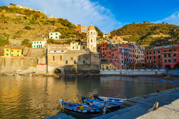 Wall Mural - Vernazza village center with church and houses at down, Cinque Terre national park, Liguria, Italy.