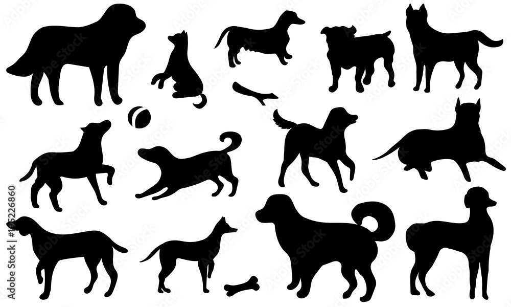 Set of icon dogs. Black silhouettes of a dog isolated on a white ...