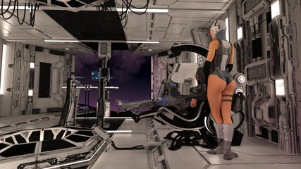 space ship with female travelers science fiction 3d render