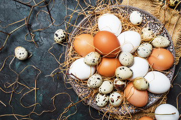 Wall Mural - Multicolored chicken and quail eggs with straw and branches, spring Easter composition, black background, top view