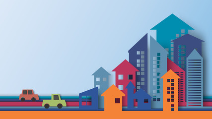 Aufkleber - Business concept of paper art style.Cityscape building with arrows shape look like growing graph and charts.Vector illustration.