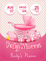 Baby shower girl invitation template with toys