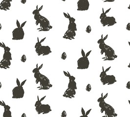 Hand drawn vector abstract sketch graphic scandinavian freehand textured modern collage Happy Easter cute simple bunny,eggs illustrations silhouette seamless pattern isolated on white background