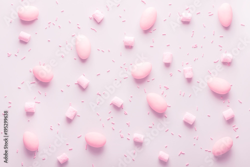 sugared almonds candy, marshmallow and sprinkle  for wedding,  pink background