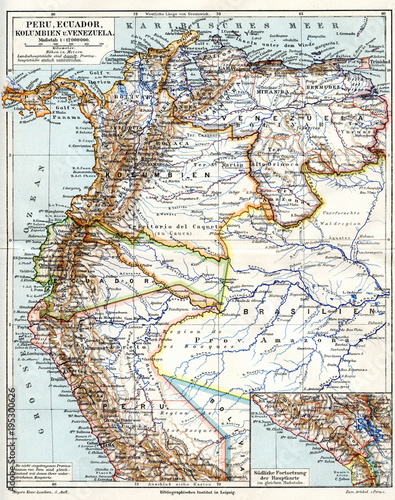 Cuadros en Lienzo Map of Peru, Ecuador, Colombia and Venezuela ca