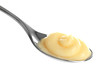 Tasty vanilla pudding in spoon on white background