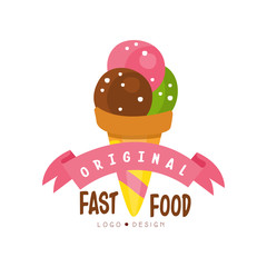 Wall Mural - Fast food original logo design, badge with ice cream, fast food menu vector Illustration on a white background.