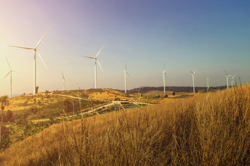Wall Mural - wind turbines on the hill with sunset. power energy