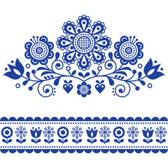 Poster - Scandinavian vector folk art pattern with flowers, traditional floral frame or border design