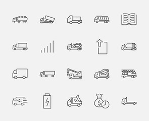 Wall Mural - Truck Set of Transport Vector Line Icons. Contains such Icons as Truck, Transportation, Tow Truck, Cranes, Mixer, Garbage Truck, Manipulators, Delivery service and more. Editable Stroke. 32x32 Pixel