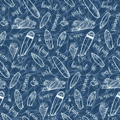 Wall Mural - Dark blue sketch style surfing boards and signs vector seamless pattern