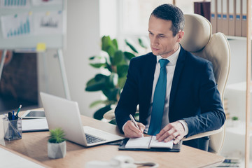 Half-turned portrait of smart intelligent famous freelancer writing important date and time information about meeting sitting at the table in modern luxurious office looking at computer's monitor