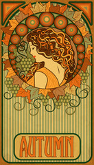 Wall Mural - Autumn girl, floral banner in art nouveau style, vector illustration