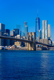 Fototapeta Miasta - Lower Manhattan Downtown skyline panorama from Brooklyn Bridge Park riverbank, New York City, USA