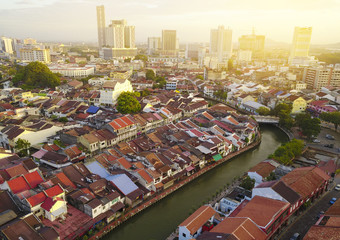 Wall Mural - Aerial view of Malacca city during sunrise.