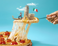 The Collage About Italy With Female Hand, Gondolier, Pizza And And Major Sights