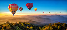 Colorful Hot Air Balloons Flying Over Mountain At Dot Inthanon In Chiang Mai, Thailand..
