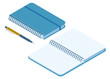 Flat isometric illustration of closed and opened notebook. Office and school vector concept: paper notepad with a pen and ring binder. Business and education workplace paperwork isolated elements.