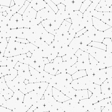 Hand Drawn Vector Seamless Pattern With Zodiac Constellations On The Starry Background. Space Backdrop In Sketch Style.