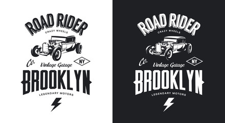 Wall Mural - Vintage hot rod black and white tee-shirt isolated vector logo. 
Premium quality old sport car logotype t-shirt emblem illustration. Brooklyn, New York street wear hipster retro tee print design.