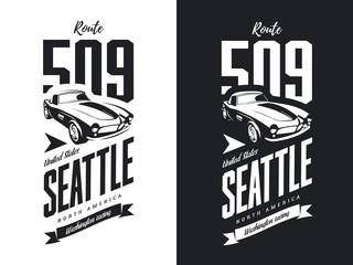 Vintage sport vehicle black and white isolated vector logo.
Premium quality classic car logotype tee-shirt emblem illustration. Seattle, Washington street wear hipster retro tee print design.