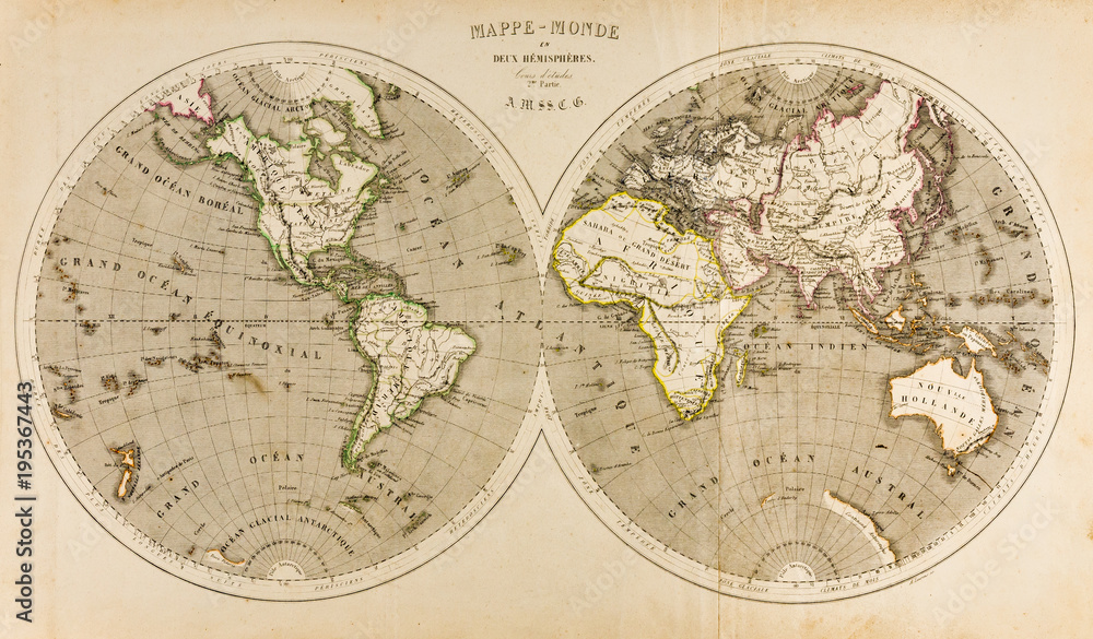 Obraz na płótnie Antique World Map in Two Hemispheres, Retro, 19th Century w salonie