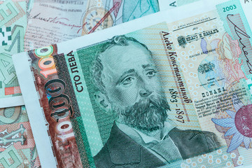 Sticker - Photo depicts the Bulgarian currency banknote, 100 leva, BGN, close up. Depicts a portraiture of Aleko Konstantinov, famous Bulgarian poet.