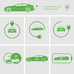 vector icons pin point electric vehicle charging station. isolated electric car. symbols hybrid cars