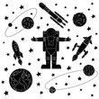 Template on the theme of space. The astronaut is in the center of the picture, his spacecraft, planets with satellites and stars are flying around him. The vector illustration