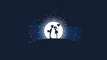 A Couple Of Girls And Guys Kissing On The Hill In Front Of A Big Bright Moon And Stars.