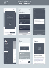 Wall Mural - Wireframe kit for mobile phone. Mobile App UI, UX design. New OS Profile. Walkthrough, welcome, sign in, sign up, profile, account, login, search and menu screens.
