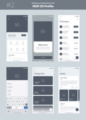 Wall Mural - Wireframe kit for mobile phone. Mobile App UI, UX design. New OS Profile. Walkthrough, welcome, sign in, sign up, profile, account, login, search and menu screens.
