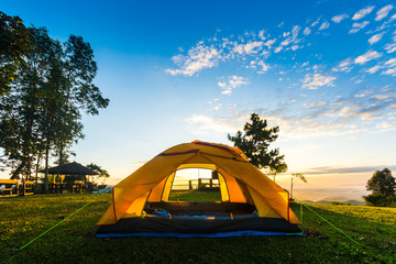 orange tent glows under night sky.