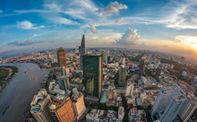 HO CHI MINH, VIETNAM - NOV 20, 2017: Royalty High Quality Stock Image Aerial View Of Ho Chi Minh City, Vietnam. Beauty Skyscrapers Along River Light Smooth Down Urban Development In Ho Chi Minh City