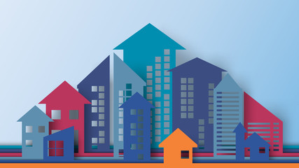 Aufkleber - Business concept of paper art style.Cityscape building with arrows shape look like growing graph and charts.Vector illustration.