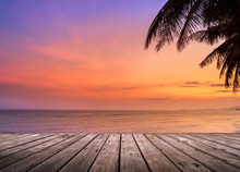 Empty Wooden Terrace Over Tropical Island Beach With Coconut Palm At Sunset Or Sunrise Time