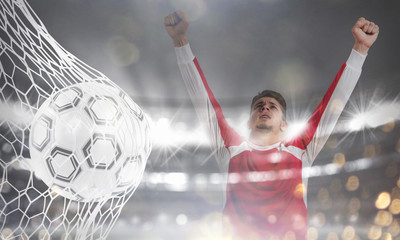 Wall Mural - Background of a soccer ball scores a goal on the net. 3D Rendering