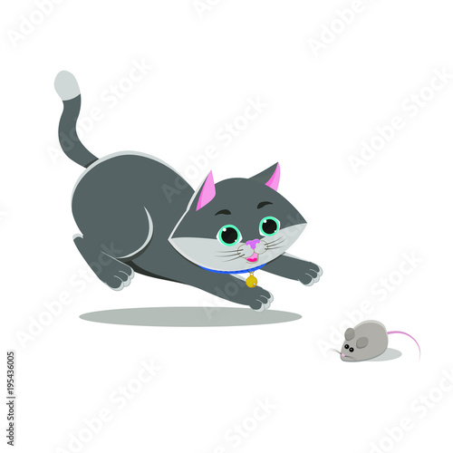 Gray Funny Cat Jumping Playing With A Little Quick Mouse Cartoon Characters Stock Vector Adobe Stock